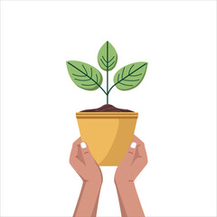A minimalist illustration showing hands holding a yellow flowerpot containing a young plant with vibrant green leaves. The design features a simple composition with hands lifting or presenting the pot