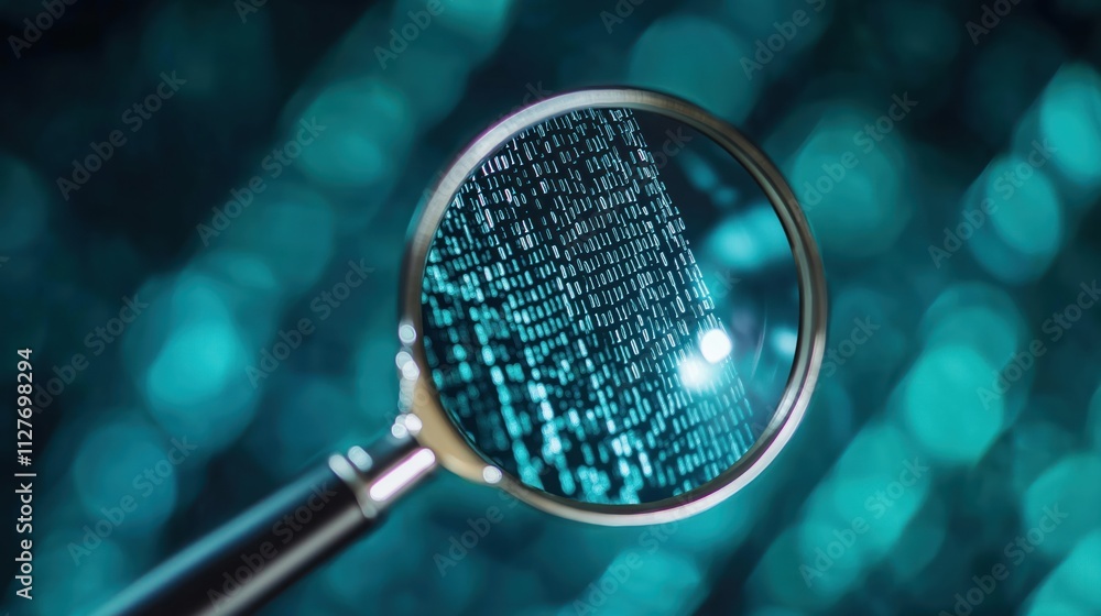 Poster Close-up view of magnifying glass focusing on binary code. Digital tech innovation research examined closely. Futuristic tech concept. Abstract pattern of ones, zeros. Detailed look at software