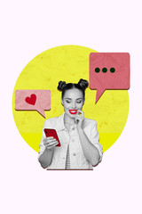 Composite image montage trend artwork 3D collage of social website media contact young lady hand hold smartphone date love heart app
