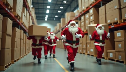 Santa figures carry boxes in large warehouse. Festive characters move quickly among many cardboard packages on shelves. Christmas themed photo captures hustle, bustle of delivery. Warehouse full of