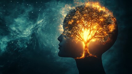 Fiery tree of life inside a human head silhouette against a cosmic background.