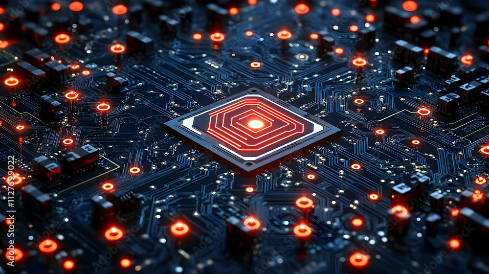 Poster circuit board's intricate design: processor's core glows brightly illuminating technology's advancem