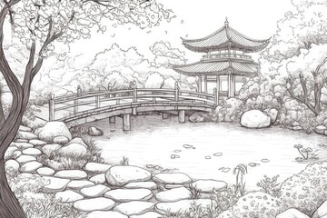 Serene Japanese garden; bridge, pond, pagoda.