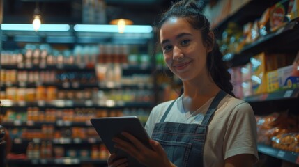Woman using tablet in store aisle for inventory management and product placement optimization.