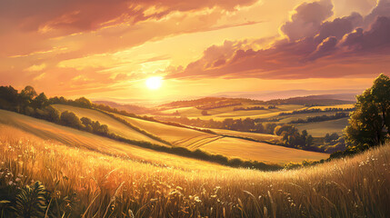 A picturesque sunset over rolling hills, with golden fields and a serene sky, capturing the beauty of nature and tranquility of the countryside. Halcyon. Illustration