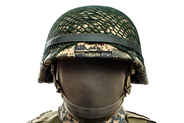 Warfare protective gear and soldier camouflage uniform concept with modern green military helmet isolated on white background with clipping path cutout using the ghost mannequin technique