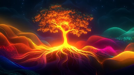 Vibrant, glowing tree with colorful, flowing roots and landscape.