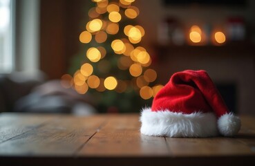 Santa hat sits on wooden table. Golden lights blur Christmas tree background. Peaceful holiday...