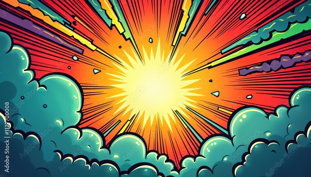 Poster abstract pop art comic thunder background. colorful clouds, radial lines explode outwards from centr