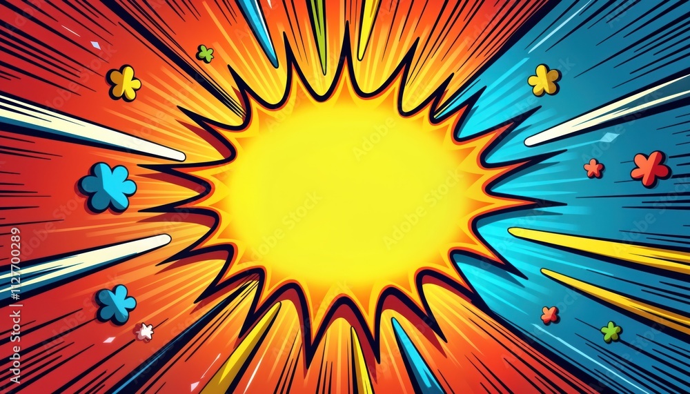 Aufkleber Colorful abstract comic book background with vibrant colors. Dynamic radial lines create motion effect. Blank empty space in center. Small flower shapes scattered throughout. Suitable for comic books