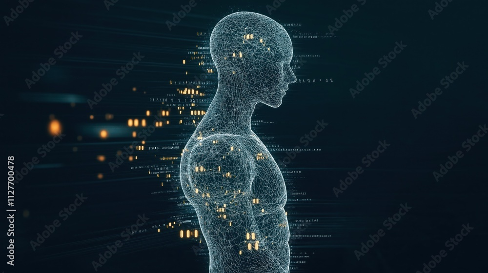 Aufkleber Futuristic visualization of data flow processing. Holographic human body network in cyberspace. Abstract 3D digital art illustrates artificial intelligence consciousness. Stream of binary code