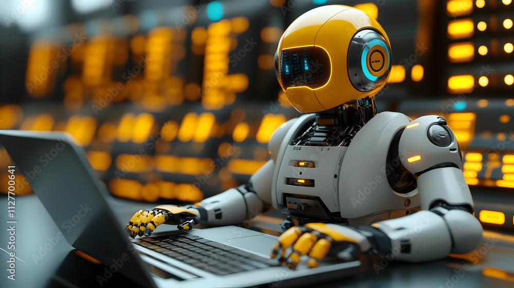 Aufkleber robot uses laptop: ai future, automation, tech progress, digital transformation, cybernetics, innova