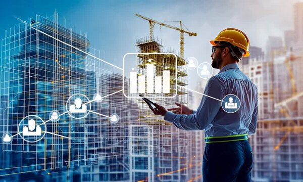Engineer observing a construction site with digital overlays.