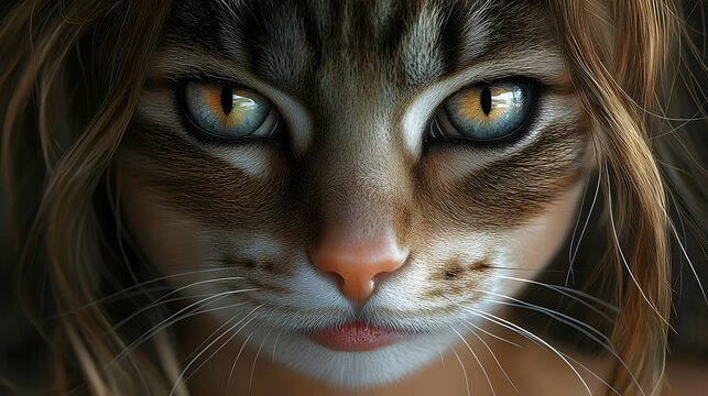 Woman Transformed: Cat-like Features, Mystic Eyes, Intriguing Portrait