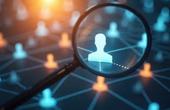 Human resource management tech process highlighted via magnifier. Focus on manager icon among staff icons for development recruitment leadership, customer target. Modern hr tools facilitate employee