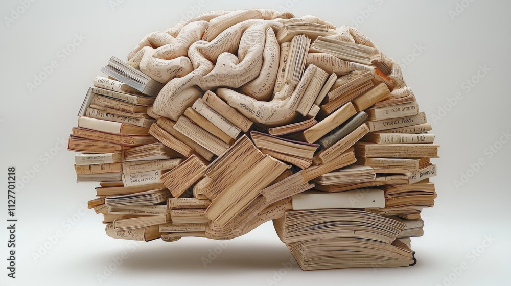 Poster abstract digital art piece features brain structure intricately formed various open books.
