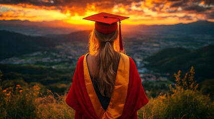 Graduate Contemplates Future at Sunset, Achieving Dreams with New Opportunities