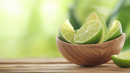 Nutrient-rich plants superfood organic. A bowl of fresh organic avocado chunks and lime slices on a rustic table setting.