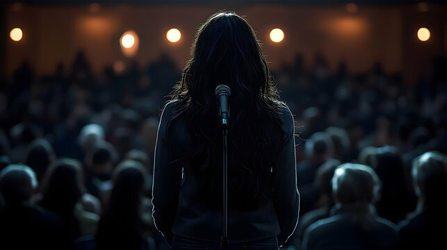 Woman Speaks to Crowd; Powerful Speech, Audience Captivated, Stage Lighting