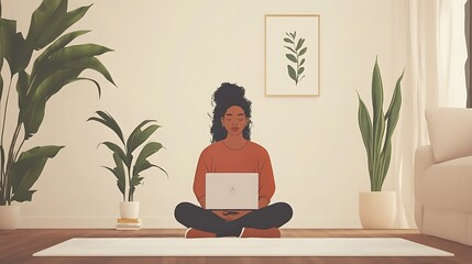 A young woman sitting cross-legged on the floor with a laptop in front, participating in a virtual yoga class, with a minimalistic living room setup 