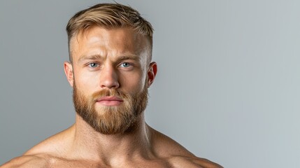 Fototapeta premium Shirtless Man with Strong Build and Blue Eyes