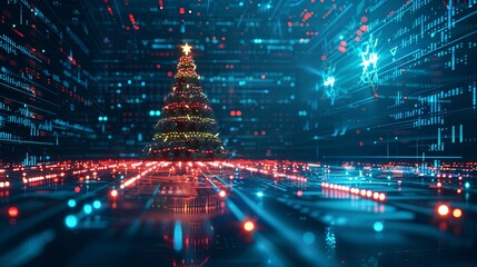 Obraz premium Festive Digital Christmas Tree in a Futuristic Cyber Landscape