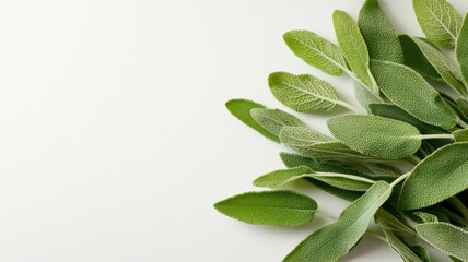 Fototapeta premium Nutrient-rich plants superfood organic. Delicate sage leaves on a white background, perfect for nature and design projects.