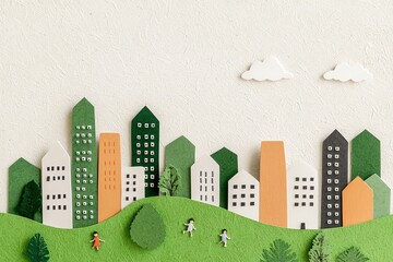 A whimsical paper landscape featuring colorful buildings and green hills.