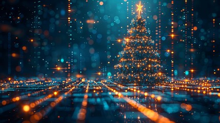Obraz premium Digital Christmas Tree Illuminated with Sparkling Lights on a Futuristic Grid
