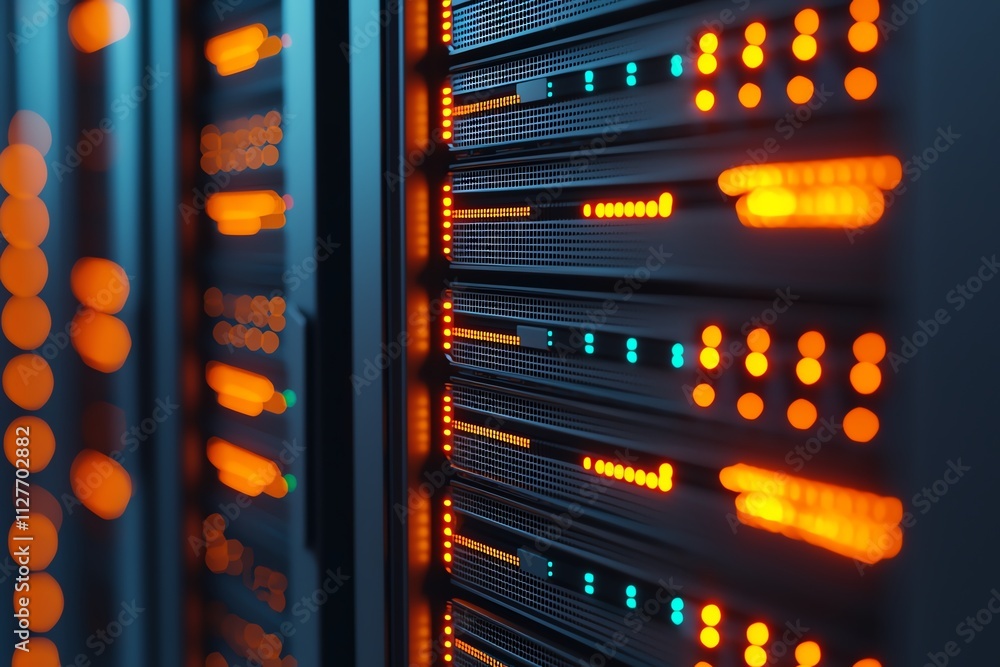 Poster close-up view of illuminated server racks in a modern data center environment.