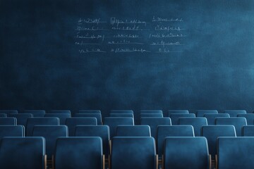 Empty classroom with blue chairs and chalkboard, symbolizing education and learning space.