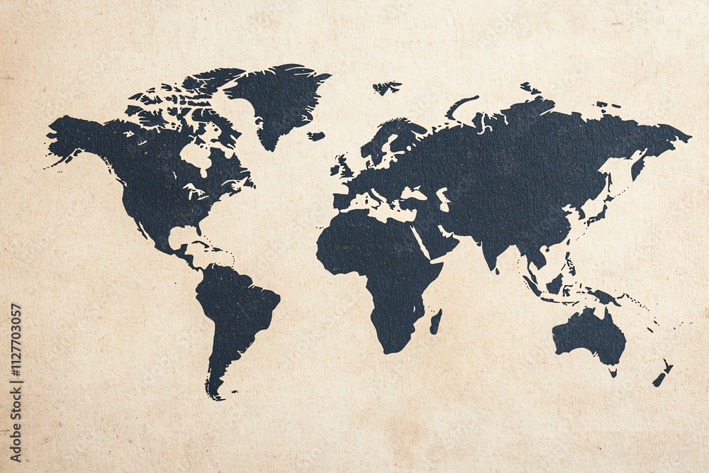 Poster artistic representation of a world map on a textured background.