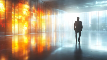 Fototapeta premium Ambitious Entrepreneur Walks Towards Bright Future in Modern Building