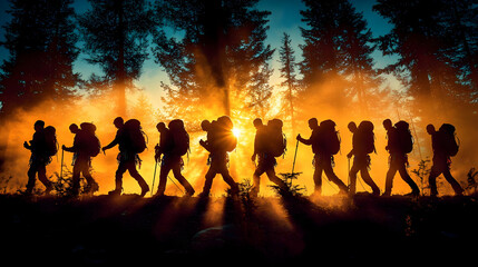 Hikers Trek Through Forest at Sunrise, Golden Hour Adventure