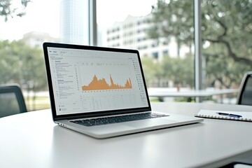 Fototapeta premium A modern laptop displaying data analytics in a bright office environment.