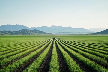 Vast green fields stretch towards majestic mountains under a clear blue sky.