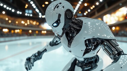 Fototapeta premium Advanced robotic athlete skates on ice rink inside futuristic arena. High-tech cyborg with human-like features performs sport activity. Futuristic 3D illustration captures modern robotic design in
