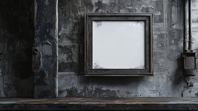 Industrial grunge-style interior featuring a blank wooden frame on a textured concrete wall