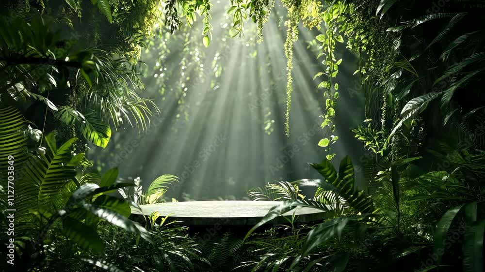 Poster sunlight filtering through dense foliage creates a tranquil atmosphere in a lush jungle at midday