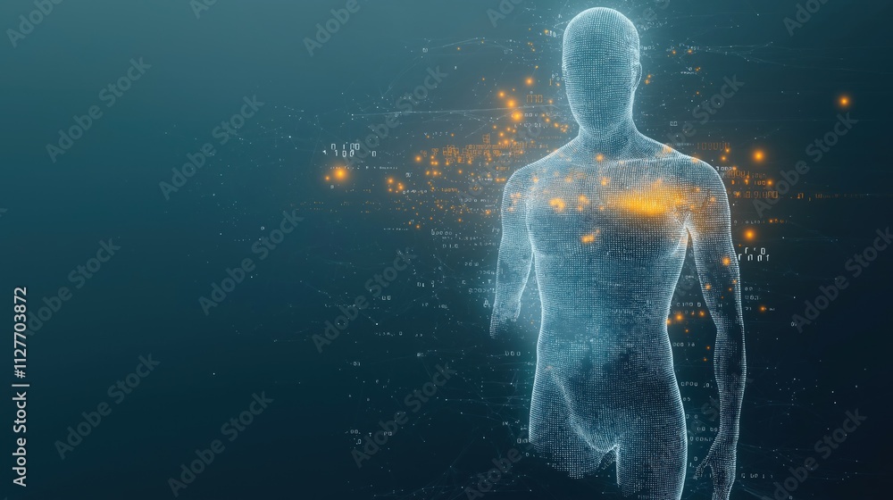 Poster Futuristic tech illustration shows human body model in cyberspace. Data stream flows around holographic figure. Abstract digital art design info transfer. Virtual reality background shows complex