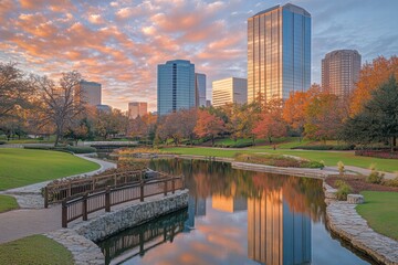 Fototapeta premium City Park at Sunset with Skyscraper Reflections