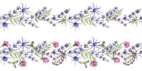 Set of two seamless floral garlands of lavender, clover, thistle and other wildflowers, on transparent background. For scrapbooking, lace, decorative tape, invitations and more