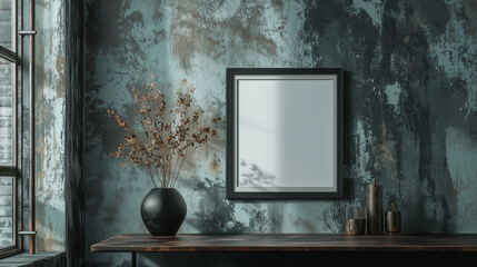 Fototapeta premium Minimalist interior with empty black frame, dried branches in a black vase, rustic wall texture, natural light