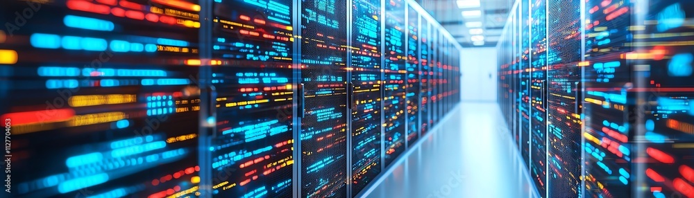 Poster futuristic data center with illuminated servers and modern technology.