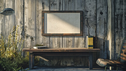 Rustic wooden wall with empty frame, desk, and chair in natural sunlight, surrounded by plants for a cozy vibe