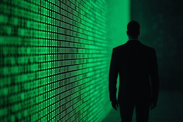 Silhouette of a businessman facing a digital green matrix background.