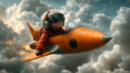 Child Pilot Soars Through Clouds in Retro Rocket, Adventurous Flight High Above