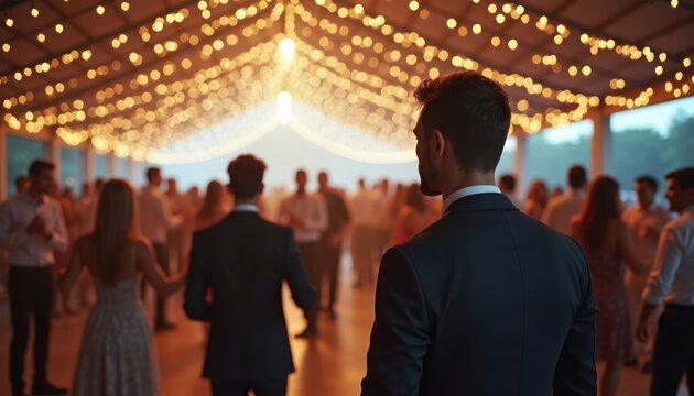 Large indoor party space with high ceiling, string lights. People dancing, socializing. Party atmosphere in open area vibrant, festive. Guests dressed in formal attire. Background blurred. Evening - Powered by Adobe