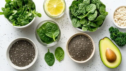 Obraz premium Nutrient-rich plants superfood organic. Fresh ingredients for a kale, spinach, and avocado smoothie, beautifully arranged for a vibrant presentation.
