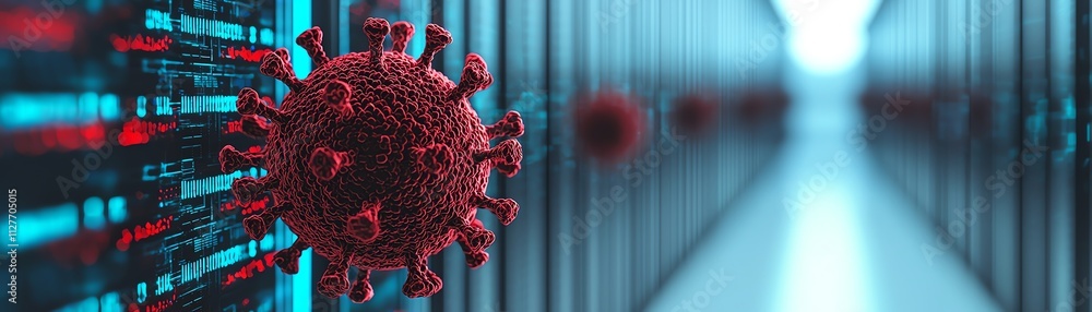 Aufkleber conceptual image of virus in data center, illustrating health technology and cybersecurity.